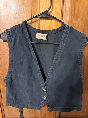 Vintage Eileen Fisher Dark Navy Cotton V-Neck Button Front Vest